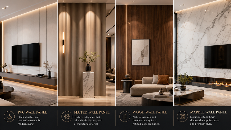 Luxury modern living room featuring fluted wall panels and warm LED lighting