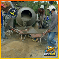 Workers pouring concrete using compact 125L cement mixer machine