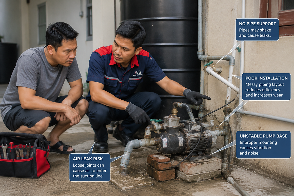 Technician checking poor water pump installation and maintenance issues