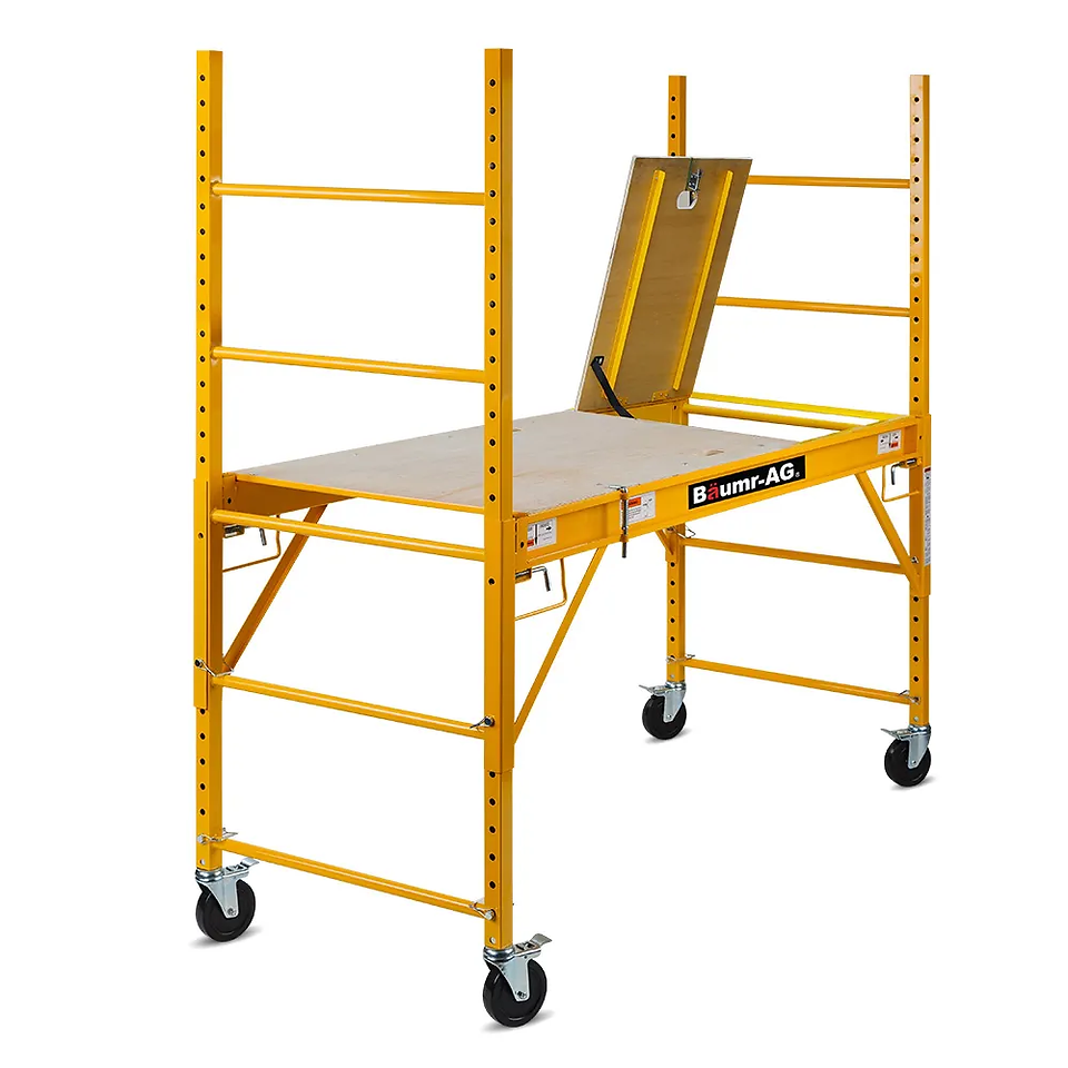 Mobile scaffold with wheels used for ceiling installation in a Terengganu shoplot