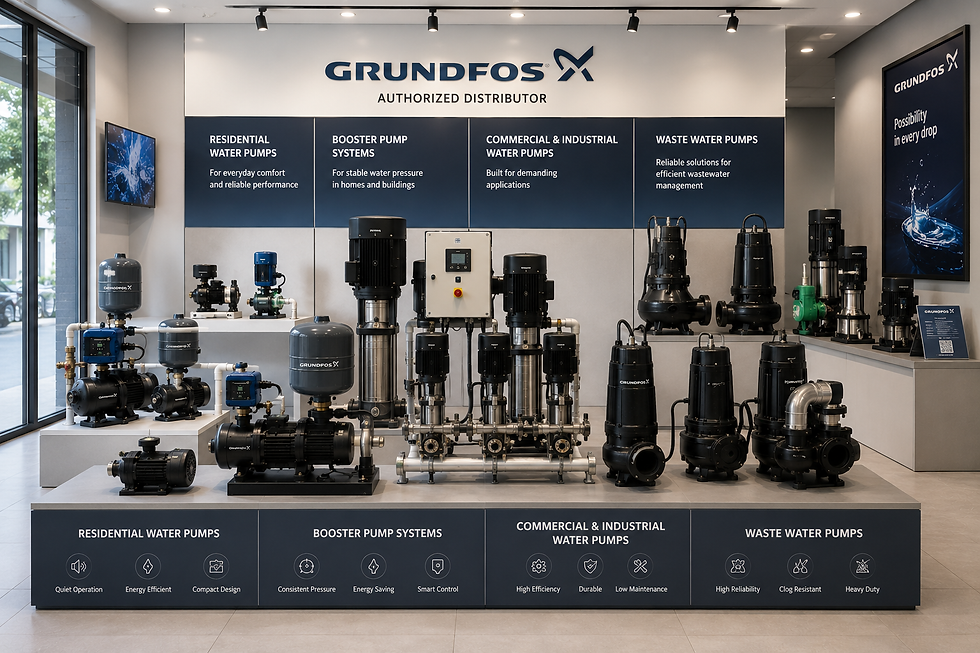 Water pump supplier showroom in Malaysia displaying home and industrial pump units.