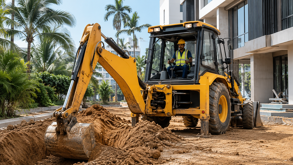 JCB backhoe loader parked at a rental yard in Malaysia