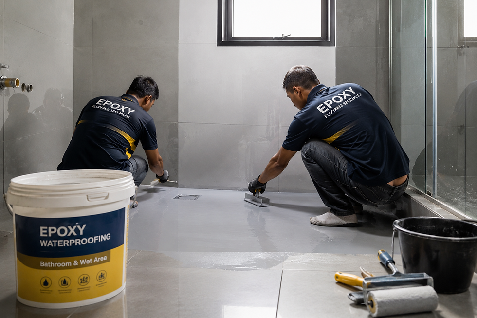 Epoxy flake flooring installed across multiple units in a Malaysian condominium block.

