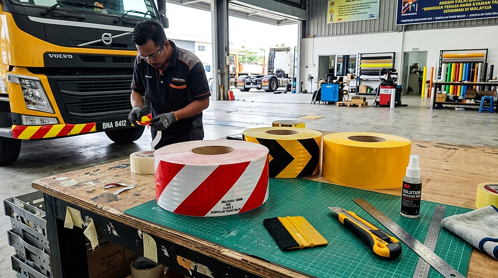 A worker installs reflective stickers on a heavy truck at a workshop