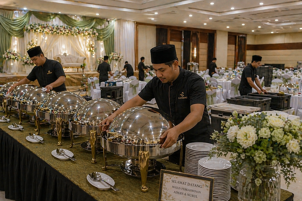 Katering majlis rumah dengan setup buffet lengkap untuk tetamu.