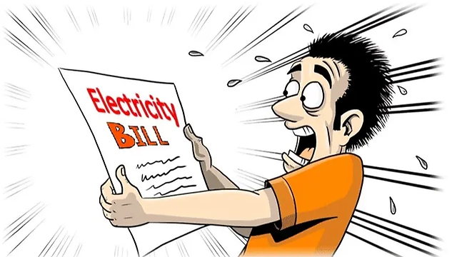 Cartoon man shocked by high electricity bill caused by lack of regular aircond service and aircond maintenance.