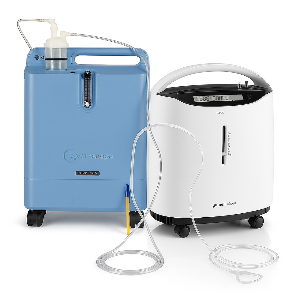 Home oxygen concentrator unit connected to nasal cannula in a living room