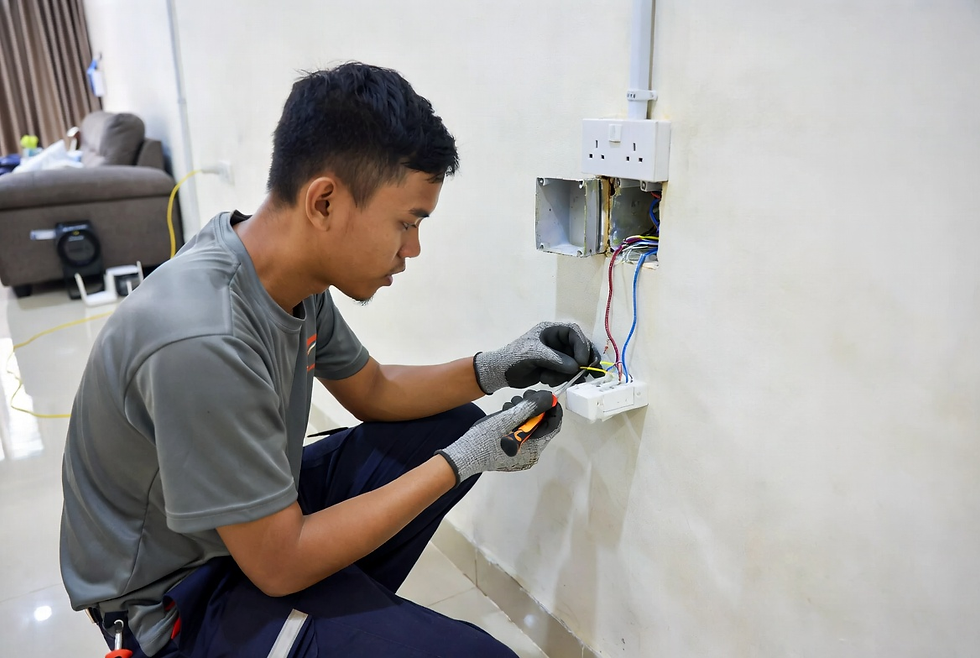 Tukang elektrik memasang paip pendawaian tersembunyi di belakang dinding