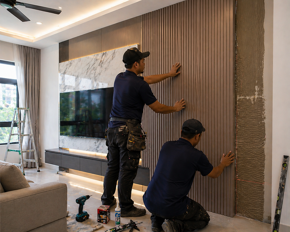 Wall panelling designs living room dengan pencahayaan lembut dan permukaan bertekstur.