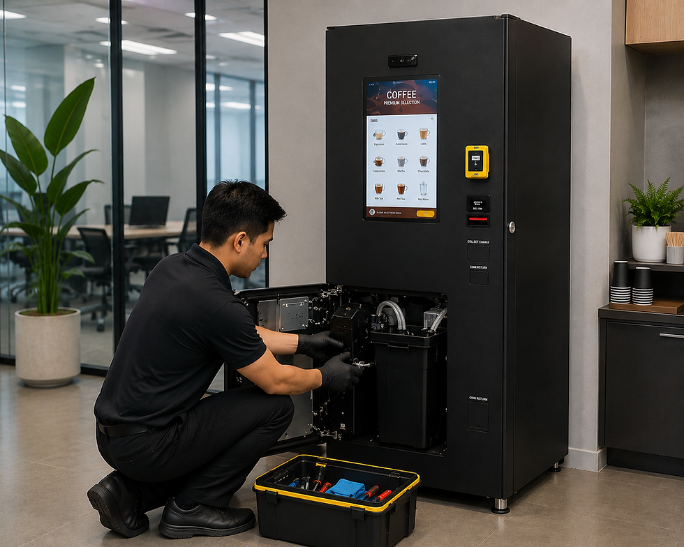 Technician repairing vending machine internal system on site.