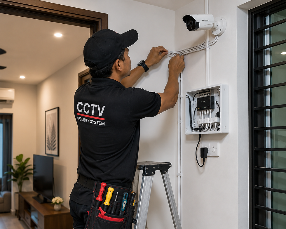 CCTV camera installation di rumah dengan kabel disusun dalam trunking.