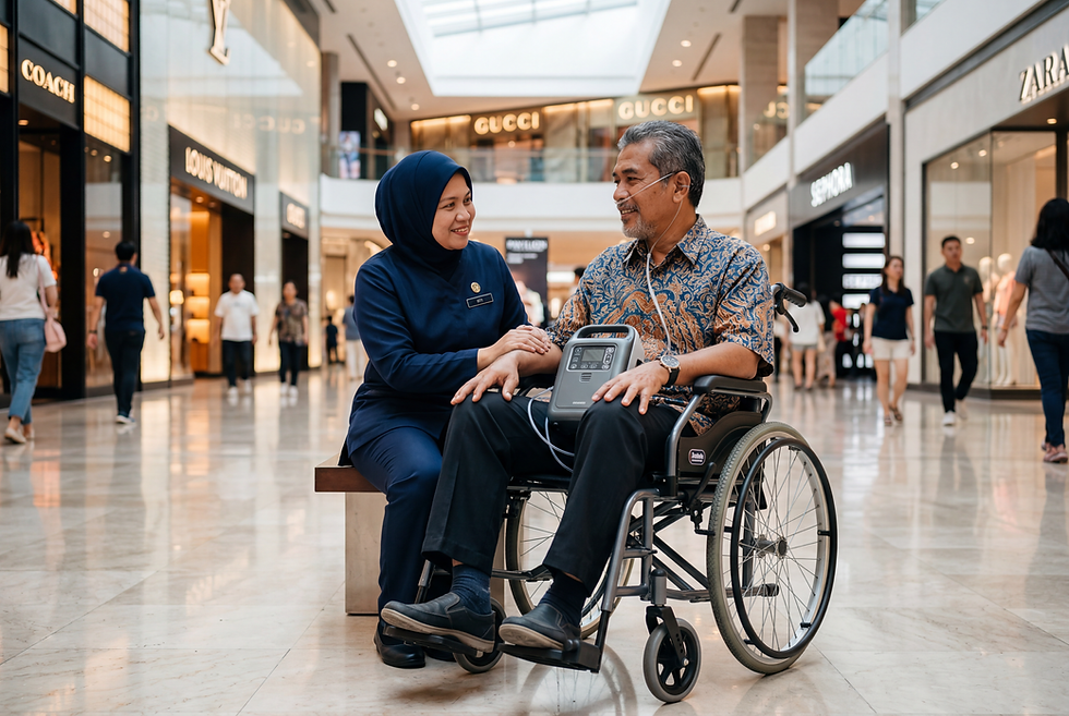 Portable oxygen concentrator Malaysia dipaparkan dalam showroom peralatan perubatan.