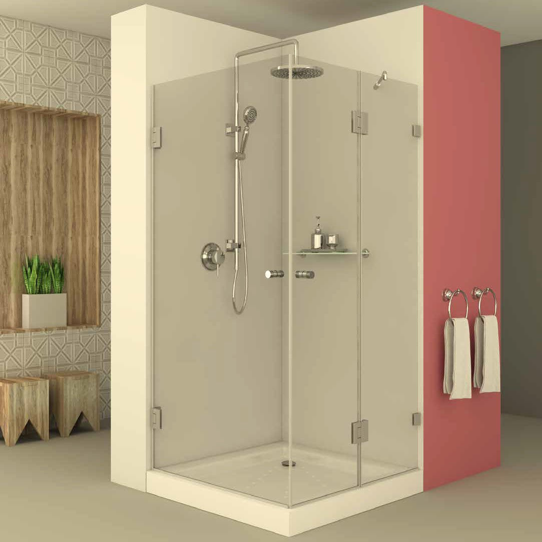 מקלחון פינתי צד אחד דלת צד שני קבוע ודלת זכוכית 8 מ”מ