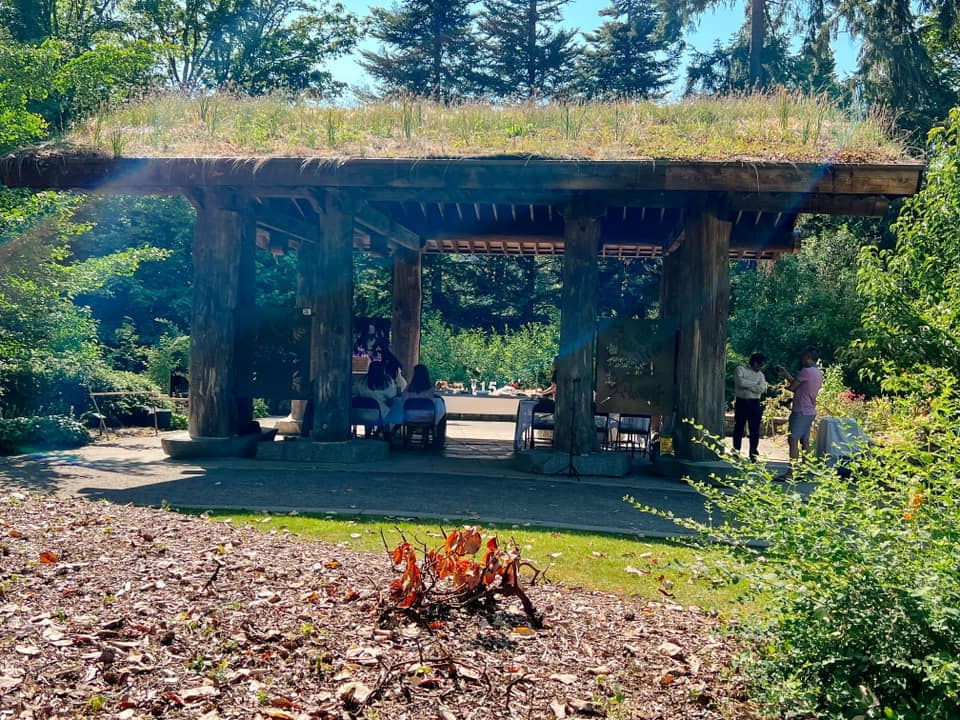 beautiful pavilion with grass growing on the roof 