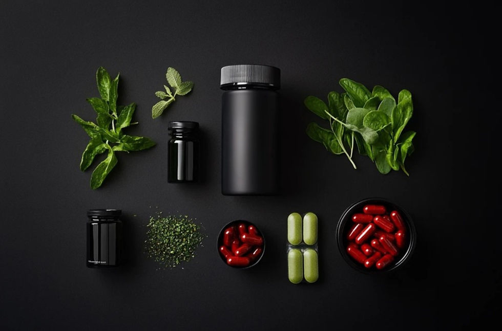 Flat lay of black biotech supplement bottles with fresh green herbs on a dark background used to illustrate a Biotech brand
