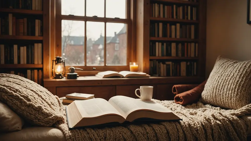 Eye-level view of a cozy reading nook with books and a warm blanket