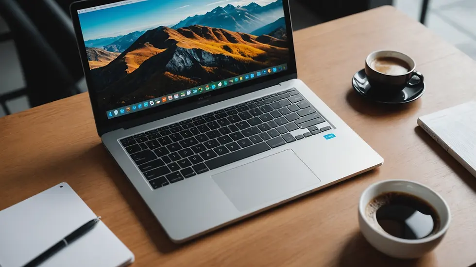 High angle view of an open laptop on a bright workspace