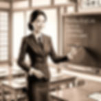 A black and white drawing of an young attractive Asian woman teaching Japanese in a classroom