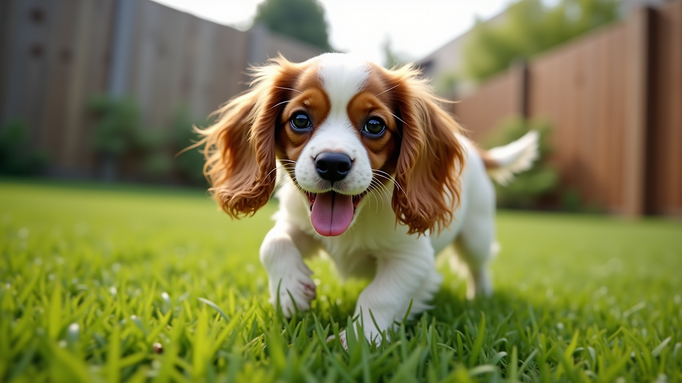 Eye-level view of a Cavalier King Charles Spaniel playing in a grassy backyard