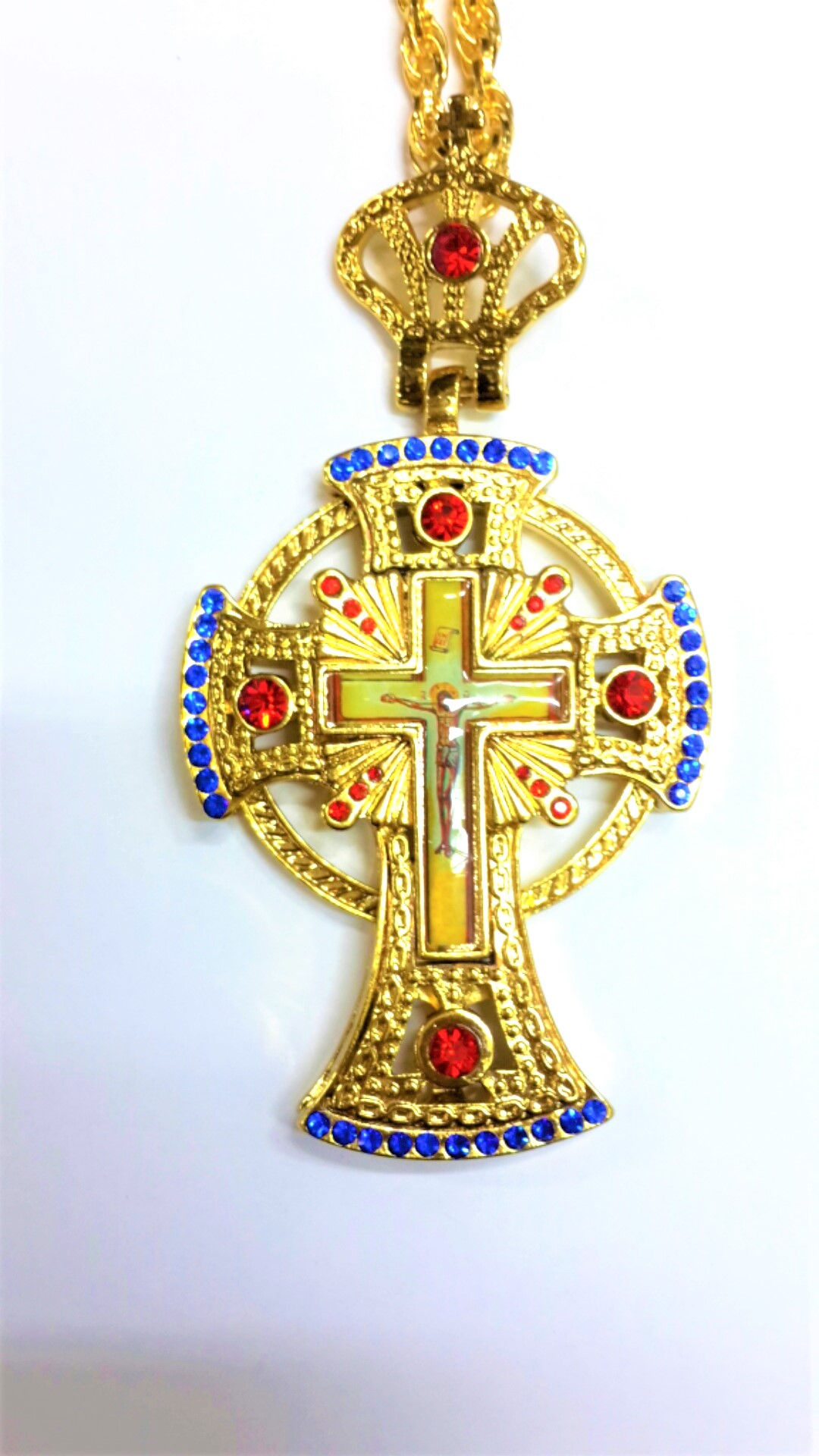 engolpion cross for priest made from metal and zircon stones