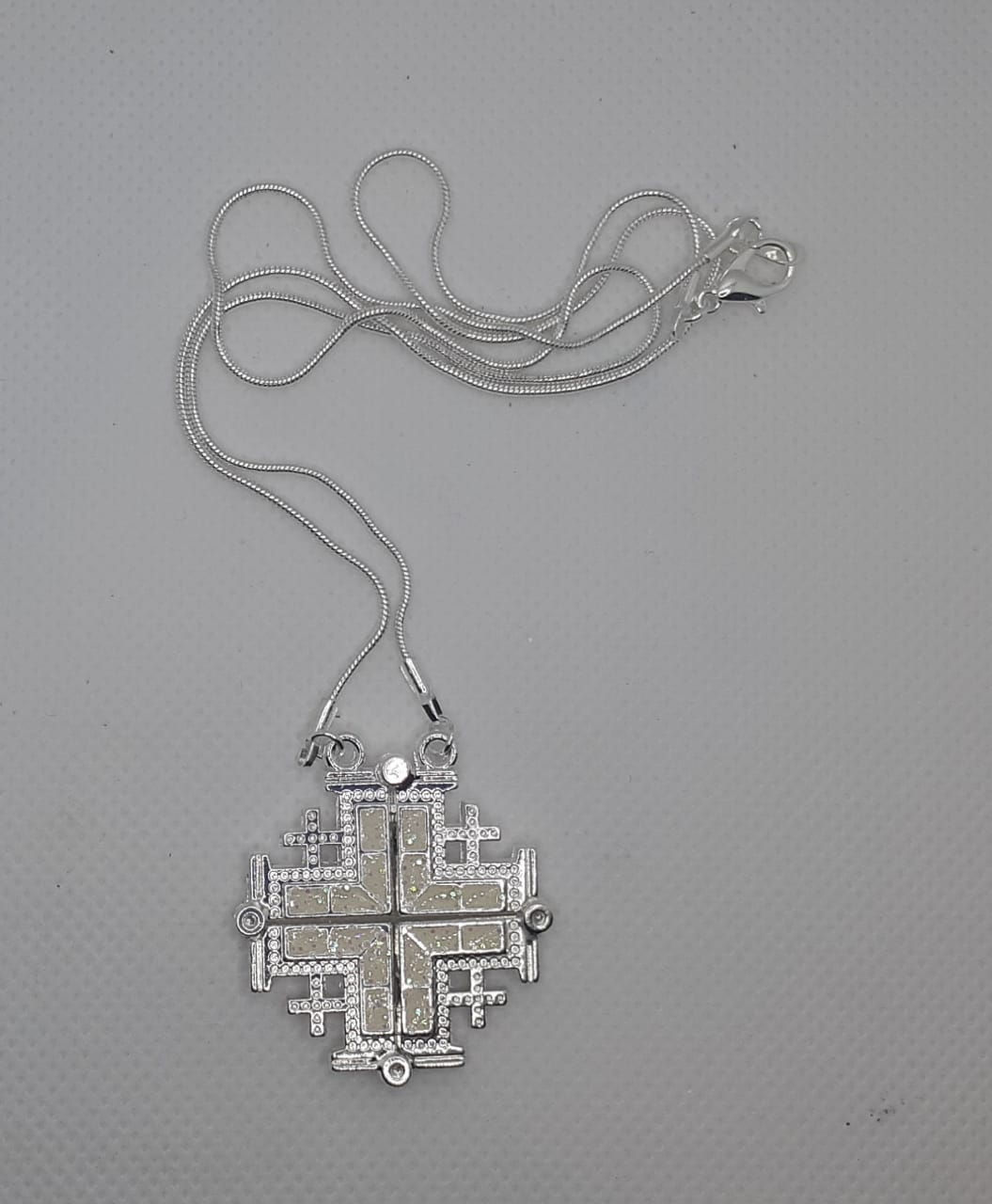 Jerusalem cross pendant open plated silver with 50cm chain colour white
