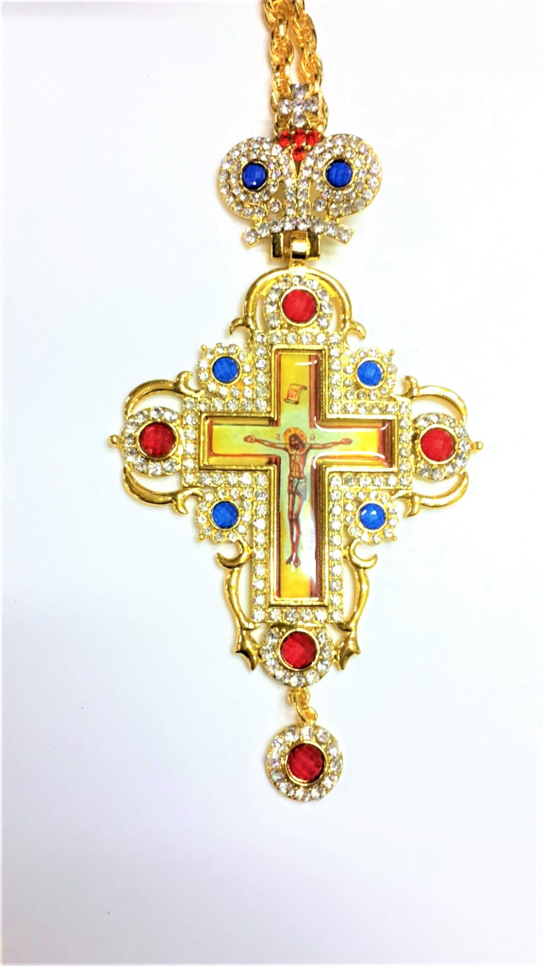 engolpion cross for priest made from metal and zircon stones