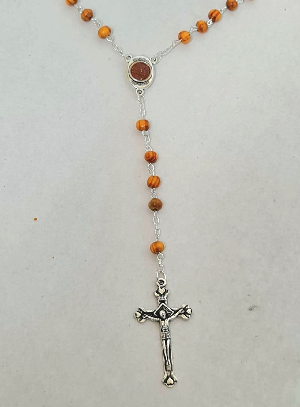 Thumbnail: Normal Wood rosary 5mm beads with metal icon and soil from holy land