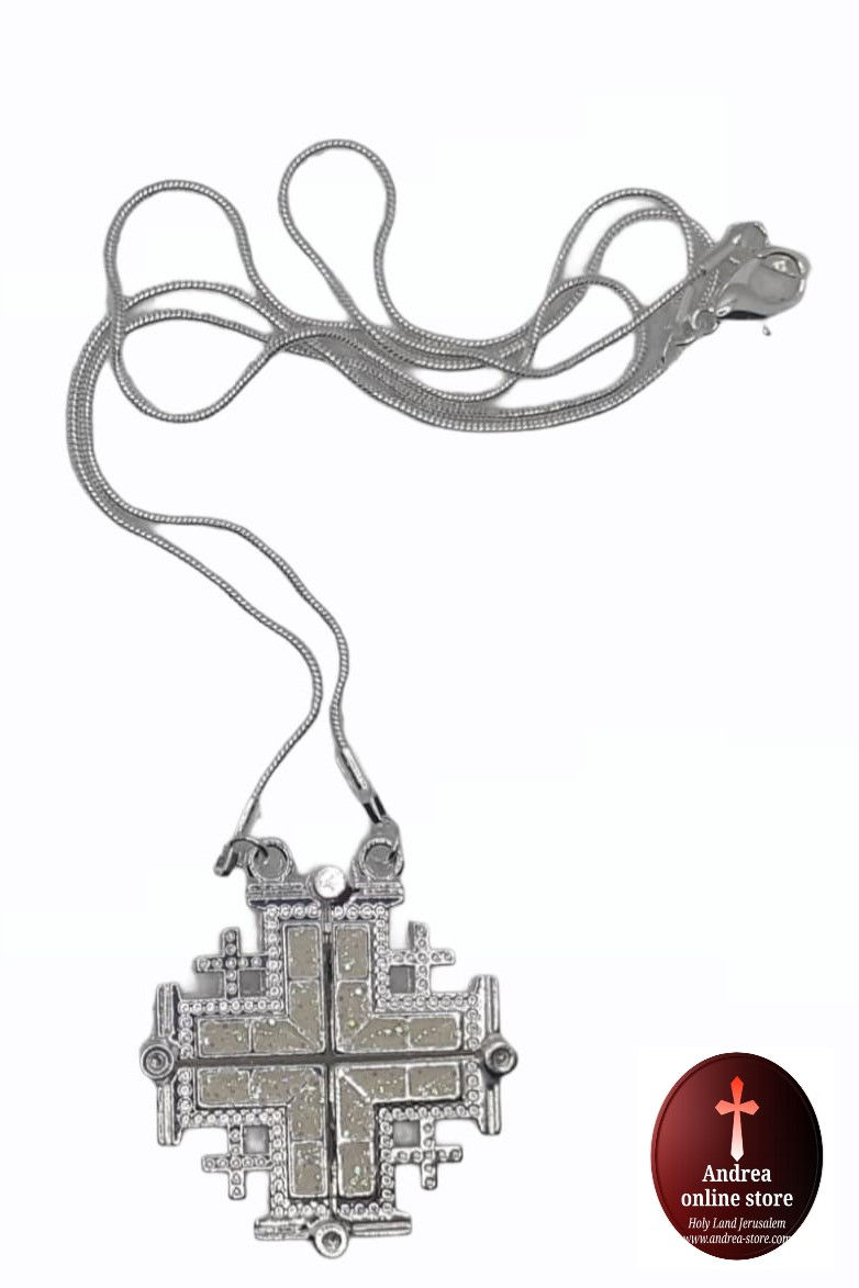 Thumbnail: Jerusalem cross pendant open plated silver with 50cm chain colour white