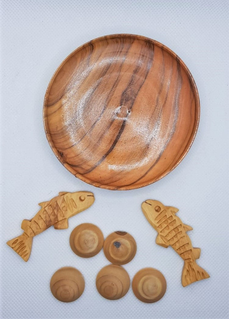 Thumbnail: fish with 5 bread in plate made from authentic olive wood size 10cm wonderful