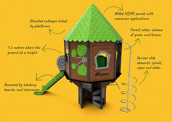 Playcon multi-activity climbing tower with slides, climbing features and interactive play elements for children of all ages.
