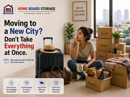 Woman preparing to move to a new city while using storage for furniture, boxes and personal belongings.