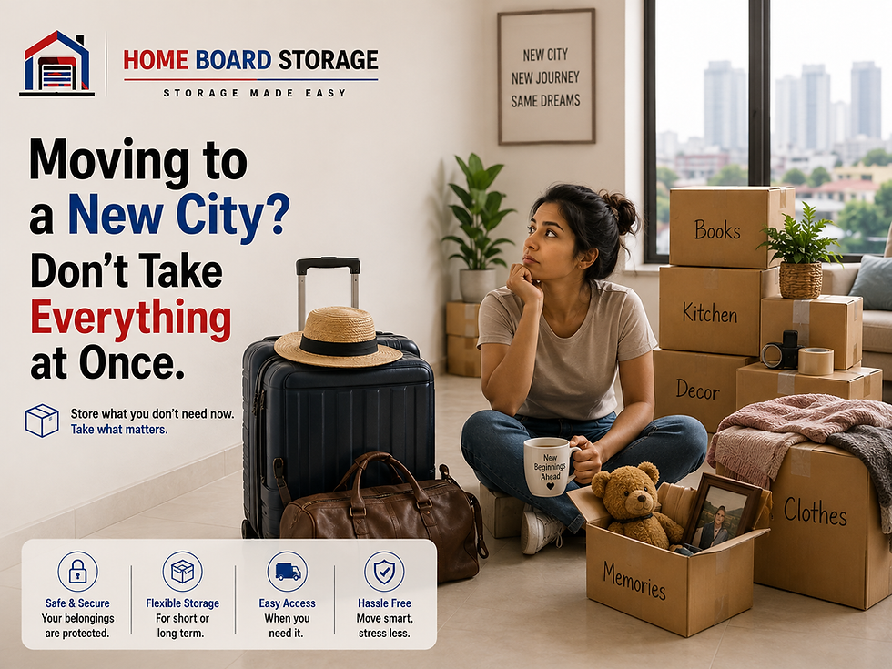 Woman preparing to move to a new city while using storage for furniture, boxes and personal belongings.