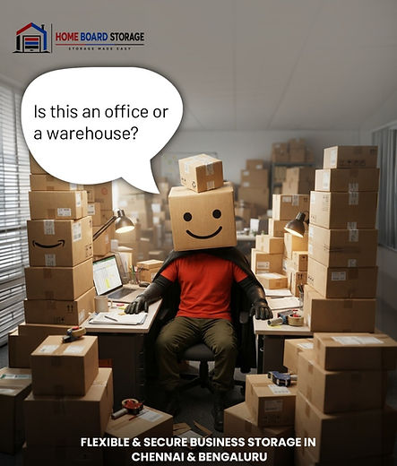Superhero mascot at a desk buried in shipping boxes – Home Board Storage flexible business storage in Chennai and Bengaluru