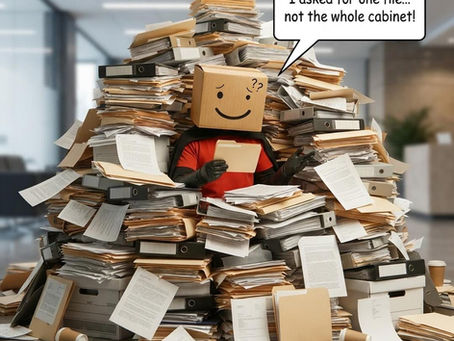 Superhero mascot buried under a pile of files, asking for one document – Home Board Storage secure document storage in Chennai