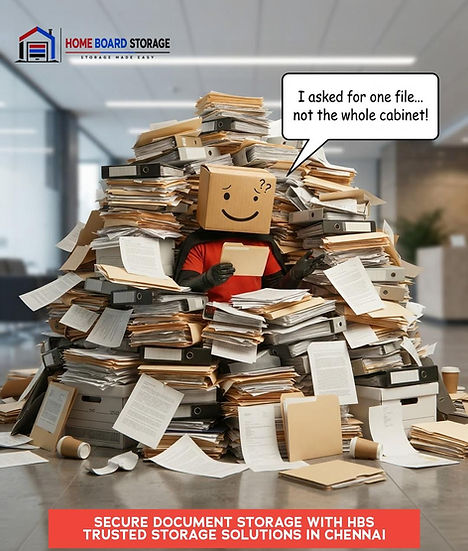 Superhero mascot buried under a pile of files, asking for one document – Home Board Storage secure document storage in Chennai