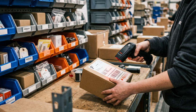 Close-up view of a worker scanning a small parcel beside open pick bins.