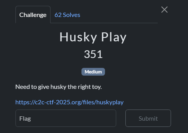 Challenge interface labeled "Husky Play 351" with medium difficulty. Task: give husky the right toy. Shows 62 solves and a link for more info.
