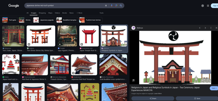 Collage of Japanese shrines with red roofs, featuring torii gates. A digital illustration highlights a distinct shrine with bold red elements.