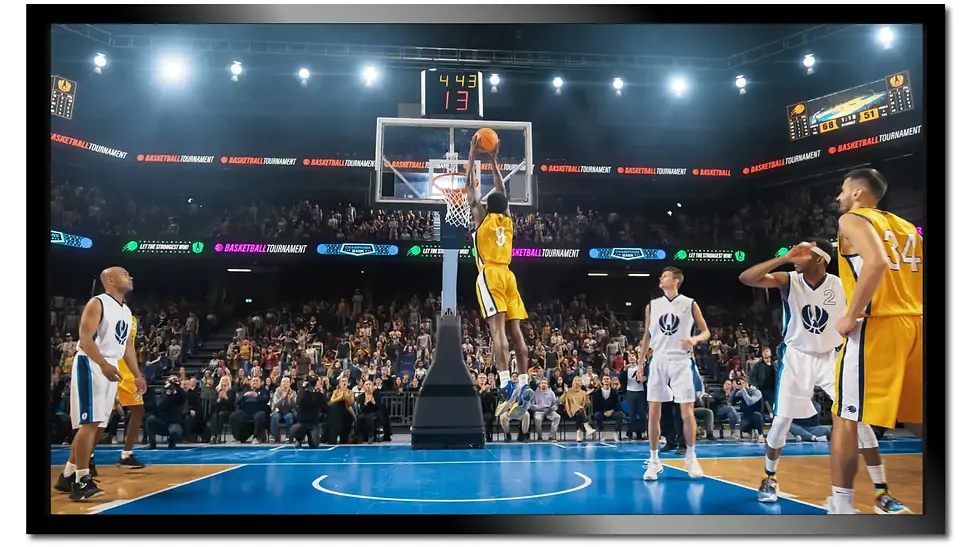 Big screen tv showing a Lakers basketball player dunking the ball surrounded by his teamma