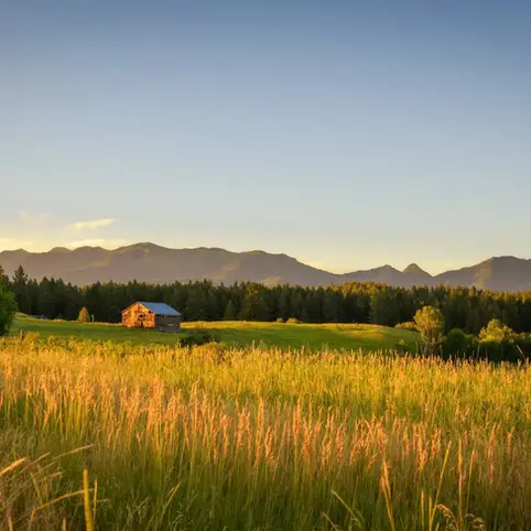 A distant view of a quaint Montana home surrounded by agricultural farmland.