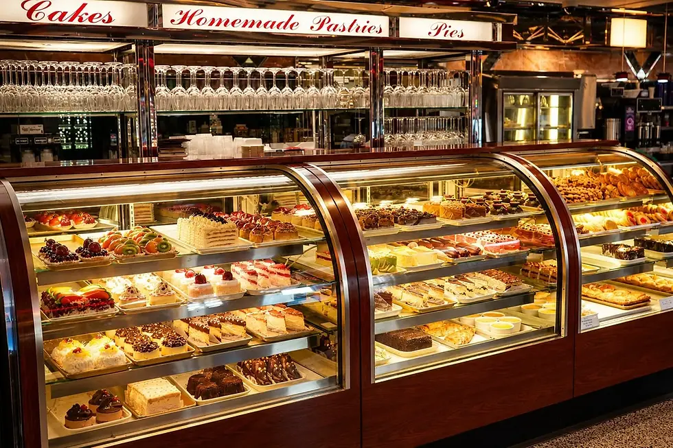 An inviting bakery display case brimming with beautifully crafted cakes, highlighting diverse styles and tempting flavors.