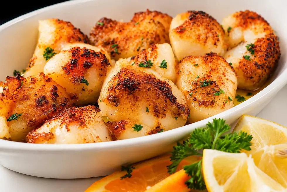A white dish containing tender scallops paired with bright orange slices for contrast.