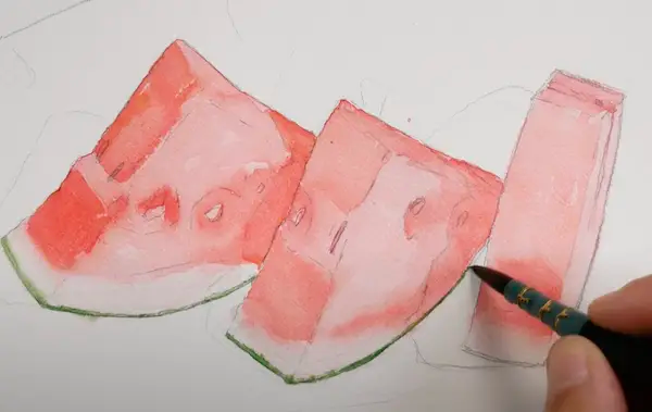 Verde e mezzitoni dell'anguria realizzata con pennello e colori in acquerello