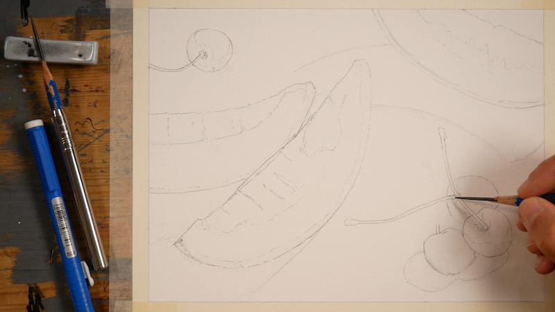 Disegno definitivo di due fette di melone e ciliegie prima dell'acquerello