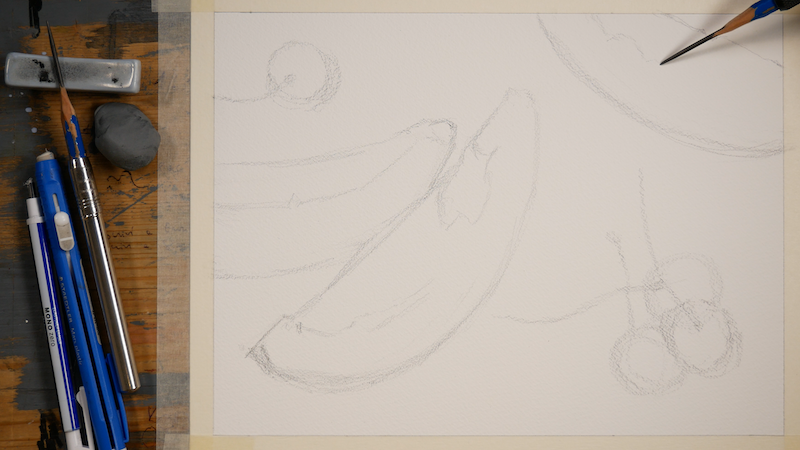 Realizziamo il disegno preparatorio di due meloni e una ciliegia prima dell'acquerello