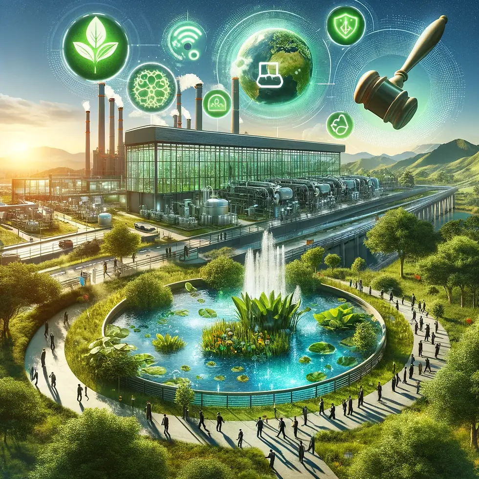 A imagem apresenta uma harmoniosa fusão entre tecnologia e ecologia, dividida em duas metades distintas, mas complementares. Na parte superior, um céu límpido e sereno simboliza um futuro sustentável, enquanto a parte inferior revela um exuberante jardim de tratamento de efluentes, ilustrando a vitória da tecnologia verde. Este jardim é um espetáculo de folhagens verdes e águas cristalinas, cercado por pequenas figuras de pessoas trabalhando juntas em um esforço coletivo, simbolizando a colaboração comunitária. Acima do jardim, ícones flutuantes representam os princípios de ESG (ambiental, social e governança), com gráficos ascendentes ao lado, indicando a melhoria das pontuações de ESG graças à implementação deste tipo de solução sustentável. A imagem é uma ode visual à inovação sustentável, destacando o papel crucial dos jardins de tratamento na promoção da sustentabilidade corporativa e no alinhamento com os padrões ESG.