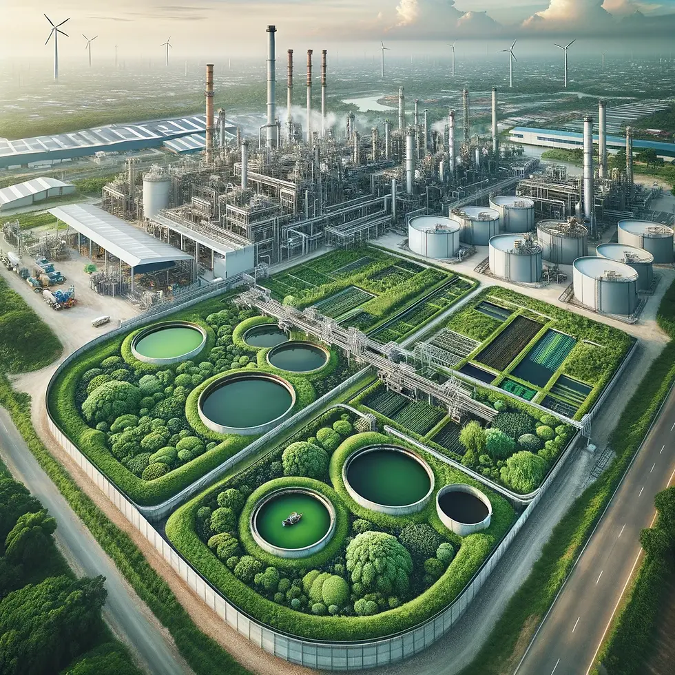Uma imagem aérea de uma instalação industrial moderna, onde, em contraste com a típica paisagem industrial, se destaca um exuberante jardim de tratamento de efluentes. Este jardim está cheio de vegetação verdejante, com vários tanques e lagoas que são visivelmente integrados ao ambiente natural circundante. Ao fundo, painéis solares e turbinas eólicas complementam a cena, simbolizando a adoção de energias renováveis.
