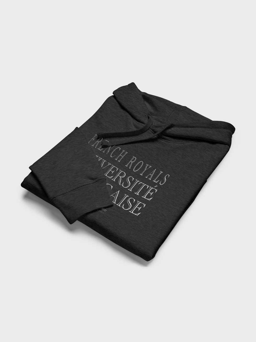 en studio, plié en 4, hoodie anthracite au logo Gris dégradé French Royals Université Française