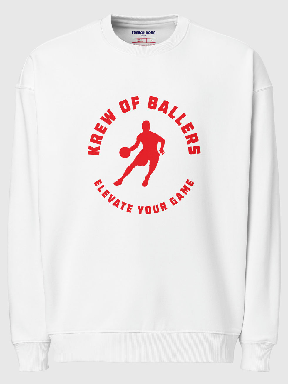 front view of a white oversized crewneck with a front red print of a basket player shadow in action