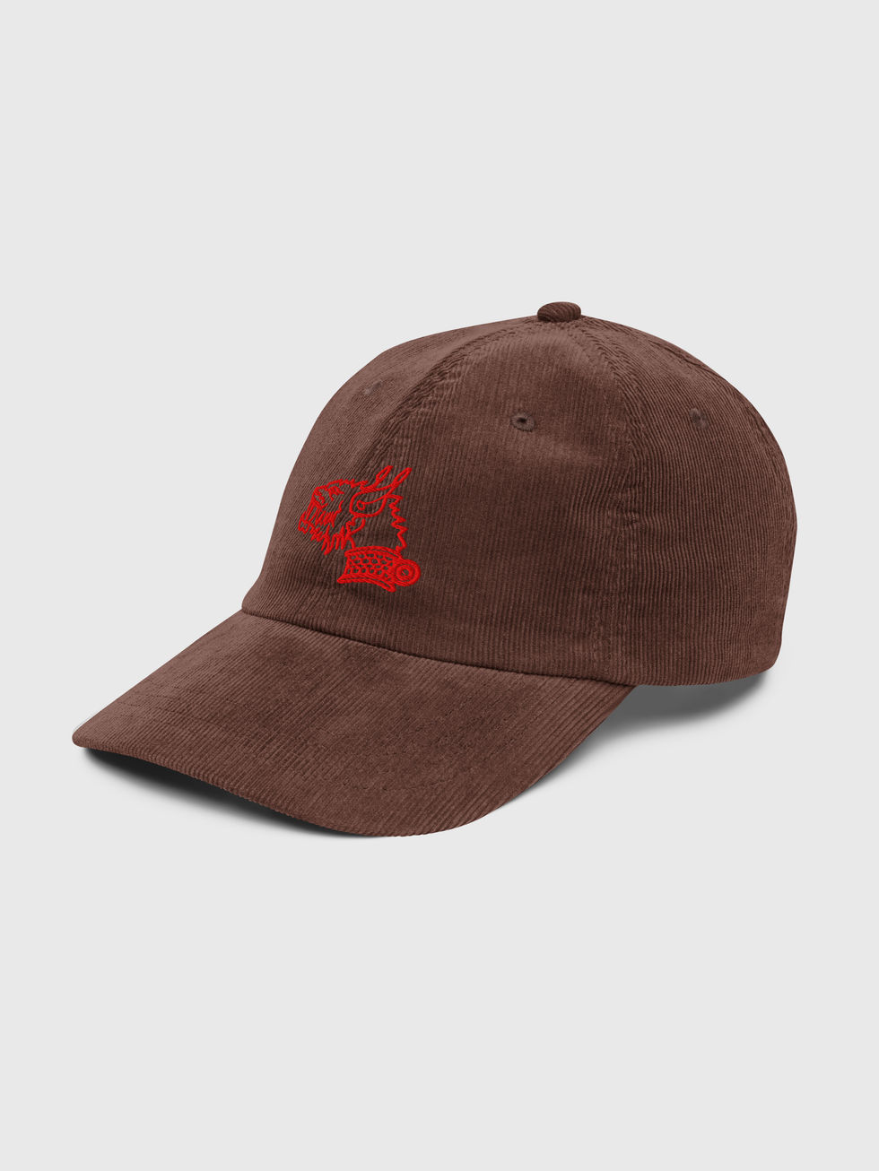 Vue de trois‑quarts – Casquette en velours côtelé marron, broderie rouge Mascotte devant, présentée sur fond clair.